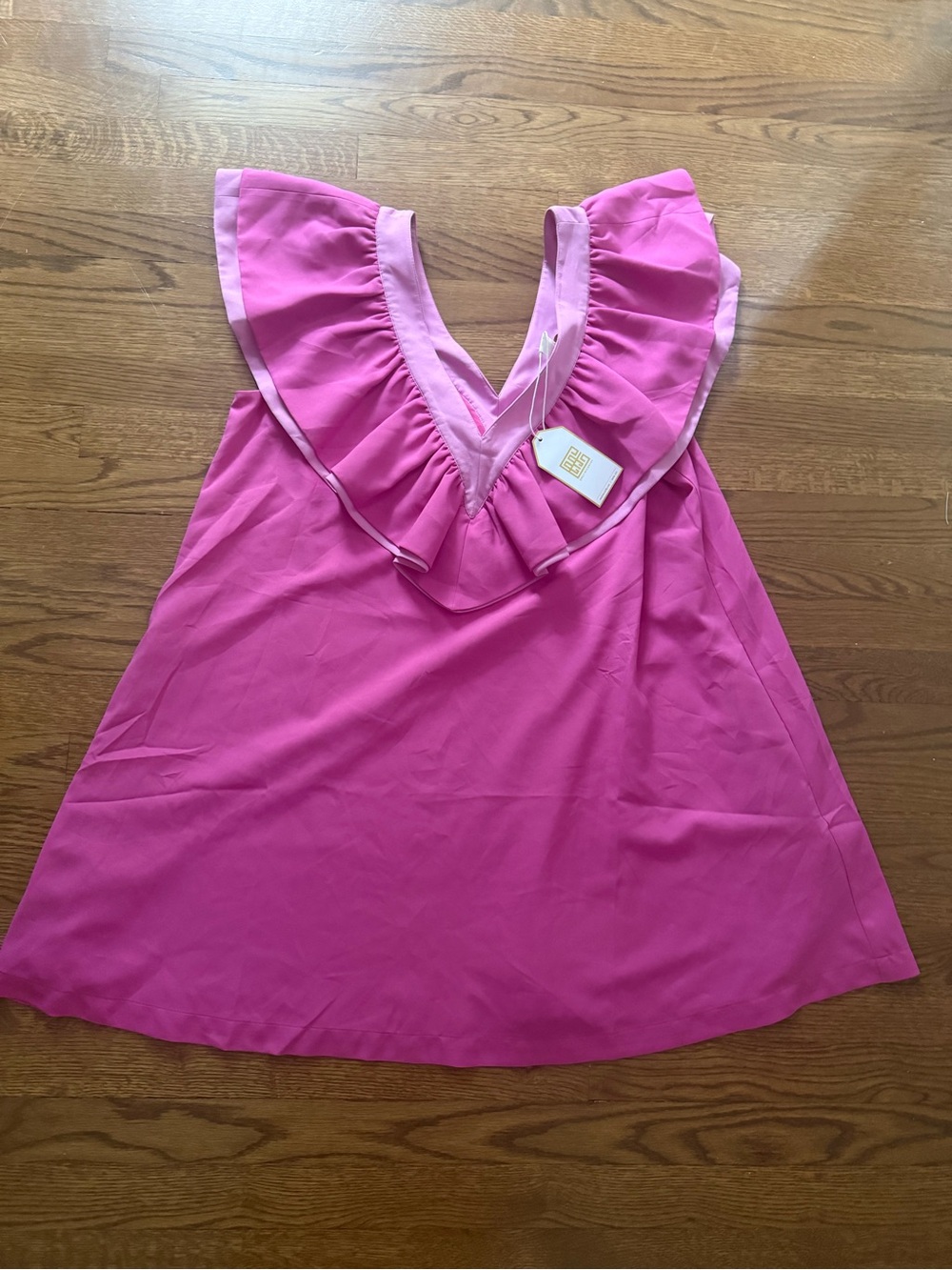 NWT Emily McCarthy Bright Pink Ruffle V-Neck Swing Dress